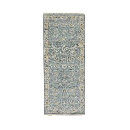 Baby Blue, Sickle Leaf Design, Hand Knotted, Zero Pile, Cropped Low and Antique Finish, Natural Wool, Vegetable Dyes, Runner, Oriental 