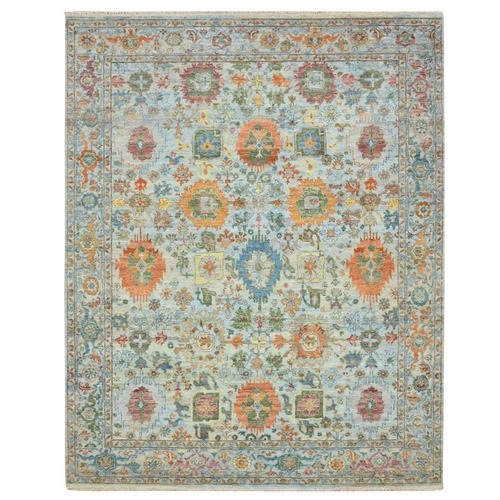 Light Blue, Sultanabad Reimagined with Orange Leafs, Hand Knotted, Pure Wool, Zero Pile, Cropped Low, Vegetable Dyes, Oriental 