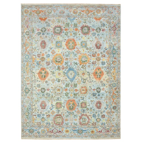 Light Blue with Orange Leafs, Sultanabad Reimagined, Hand Knotted, Pure Wool, Zero Pile, Cropped Thin, Vegetable Dyes, Oriental 