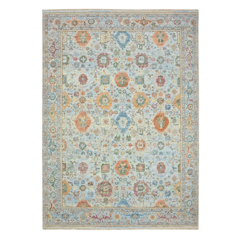 Light Blue, Orange Leafs, Sultanabad Reimagined, Hand Knotted, Pure Wool, Zero Pile, Cropped Low, Vegetable Dyes, Oriental 
