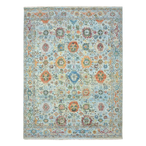 Light Blue, Sultanabad Reimagined with Orange Leafs, Zero Pile, Hand Knotted, Pure Wool, Cropped Thin, Vegetable Dyes, Oriental 