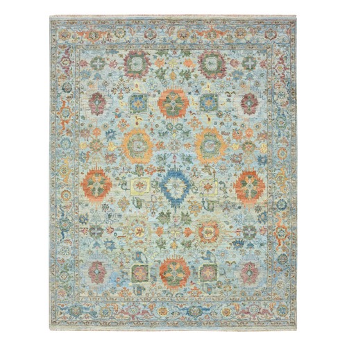 Light Blue with Orange Leafs, Sultanabad Reimagined, Hand Knotted, Pure Wool, Zero Pile, Cropped Low, Vegetable Dyes, Oriental 