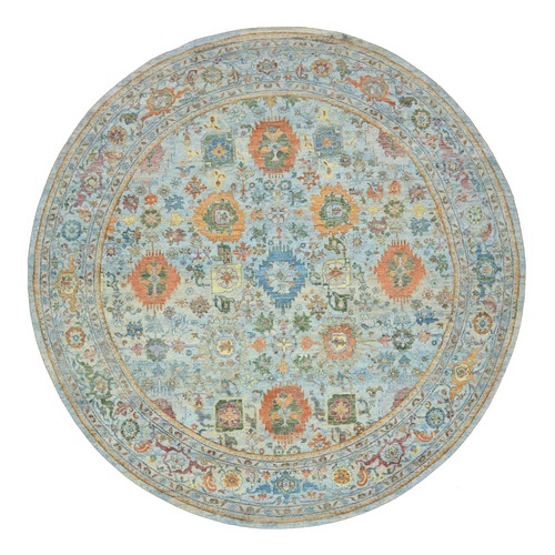 Light Blue, Sultanabad Reimagined with Orange Leafs, Hand Knotted, Pure Wool, Zero Pile, Cropped Thin, Vegetable Dyes, Round, Oriental 