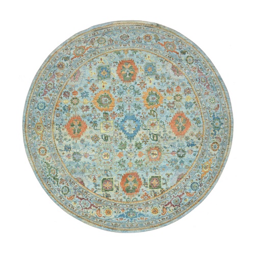 Light Blue, Orange Leafs, Sultanabad Reimagined, Hand Knotted, Pure Wool, Zero Pile, Cropped Low, Vegetable Dyes, Round, Oriental 