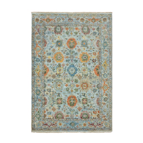 Light Blue with Orange Leafs, Sultanabad Reimagined, Hand Knotted, Pure Wool, Zero Pile, Cropped Low, Vegetable Dyes, Oriental 