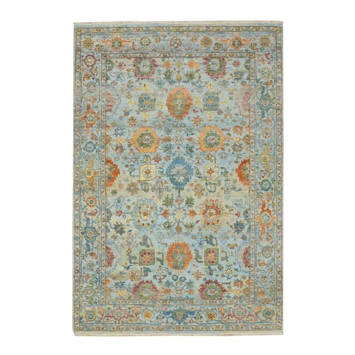 Light Blue, Orange Leafs, Sultanabad Reimagined, Hand Knotted, Pure Wool, Zero Pile, Cropped Low, Vegetable Dyes, Oriental 