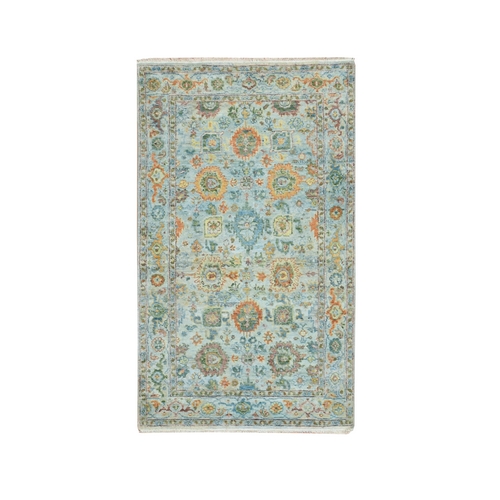 Light Blue, Orange Leafs, Sultanabad Reimagined, Cropped Thin, Hand Knotted, Pure Wool, Zero Pile, Vegetable Dyes, Oriental 