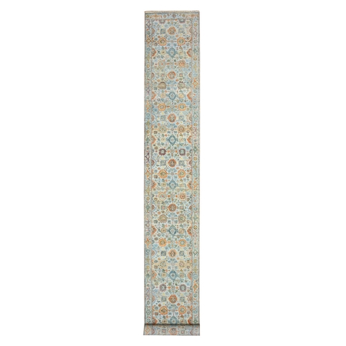 Light Blue, Orange Leafs, Sultanabad Reimagined, Hand Knotted, Pure Wool, Zero Pile, Cropped Low, Vegetable Dyes, XL Runner, Oriental 