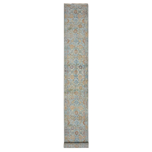 Light Blue, Sultanabad Reimagined with Orange Leafs, Hand Knotted, Pure Wool, Zero Pile, Cropped Thin, Vegetable Dyes, Long and Narrow Runner, Oriental 