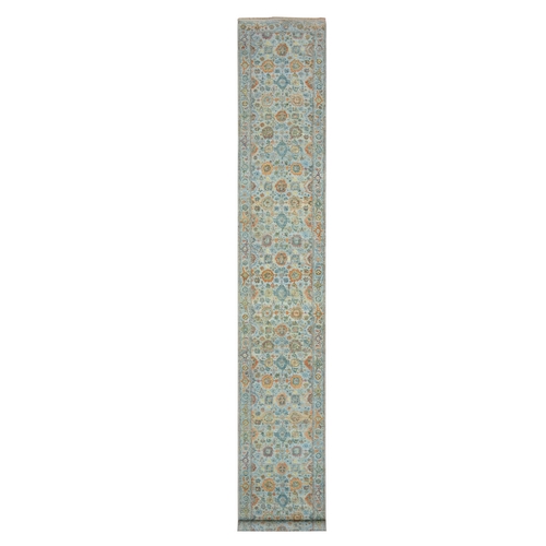 Light Blue, Orange Leafs, Sultanabad Reimagined, Hand Knotted, Pure Wool, Zero Pile, Cropped Low, Vegetable Dyes, XL Runner, Oriental 