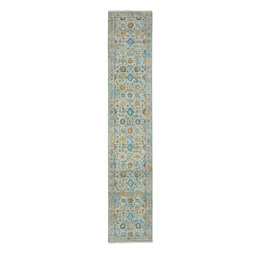 Light Blue, Orange Leafs, Sultanabad Reimagined, Hand Knotted, Pure Wool, Zero Pile, Cropped Low, Vegetable Dyes, Runner, Oriental 