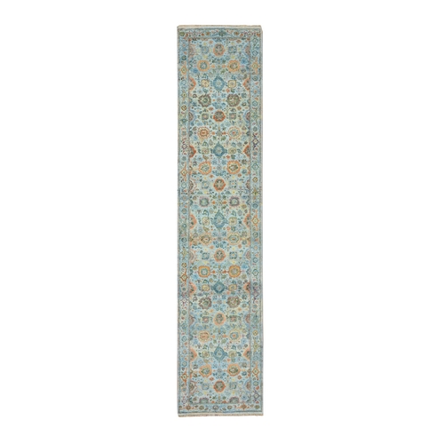 Light Blue, Orange Leafs, Sultanabad Reimagined, Hand Knotted, Pure Wool, Zero Pile, Cropped Low, Vegetable Dyes, Runner, Oriental 