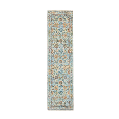 Light Blue with Orange Leafs, Sultanabad Reimagined, Hand Knotted, Pure Wool, Zero Pile, Cropped Low, Vegetable Dyes, Runner, Oriental 