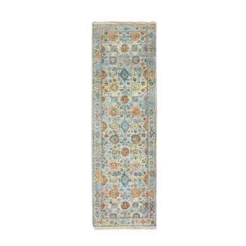 Light Blue, Orange Leafs, Sultanabad Reimagined, Hand Knotted, Pure Wool, Zero Pile, Cropped Thin, Vegetable Dyes, Runner, Oriental 