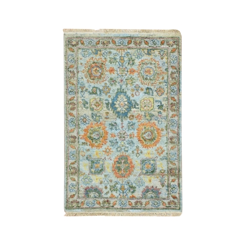 Light Blue, Sultanabad Reimagined with Orange Leafs, Hand Knotted, Pure Wool, Zero Pile, Cropped Thin, Vegetable Dyes, Mat, Sample, Oriental 
