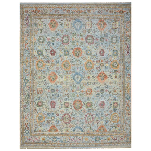 Light Blue, Hand Knotted, Sultanabad Reimagined with Orange Leafs, Pure Wool, Zero Pile, Cropped Low, Vegetable Dyes, Oversized, XL, Oriental 
