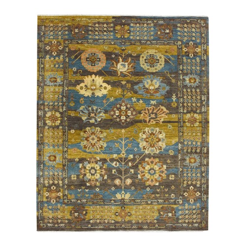 Coffee Brown with Gold, Persian Tabriz Design with Large Floral Elements and Distinct Abrash, Hand Knotted, 100% Hand Spun Afghan Wool, Vegetable Dyes, Agra, Oriental 