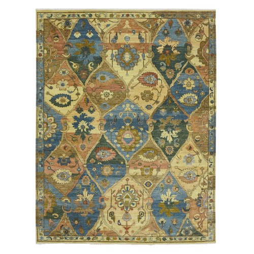 Beige, Colorful Trellis Garden Design with Large Floral Elements, Distinct Abrash, Vegetable Dyes, 100% Wool, Hand Knotted, Agra, Oriental 