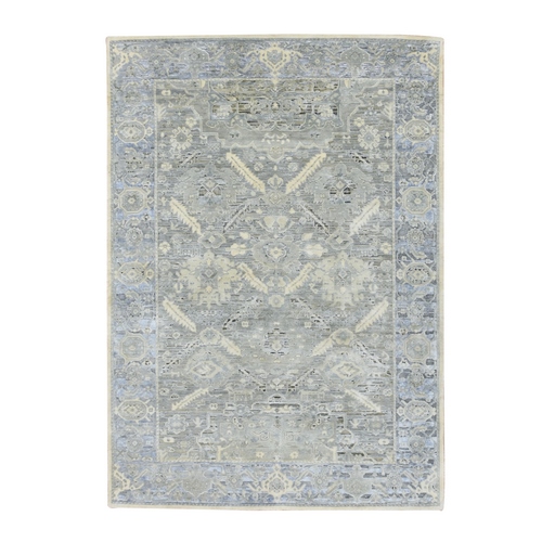 Storm Gray, Pure Silk, Oushak Design with Geometric Pattern, Hand Knotted, Oriental 