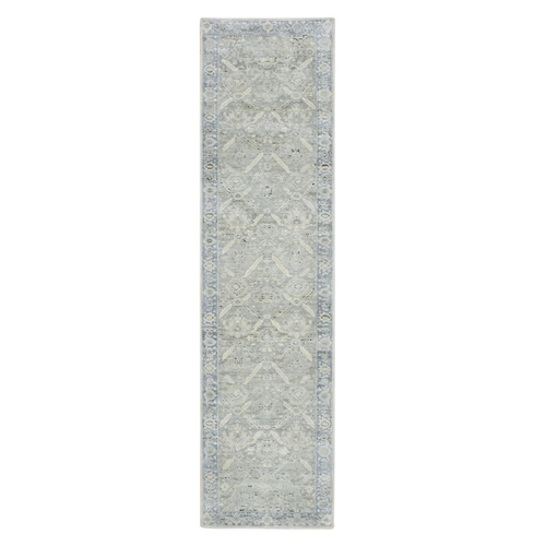 Storm Gray, Oushak Design with Geometric Pattern, Hand Knotted, Pure Silk, Runner, Oriental 
