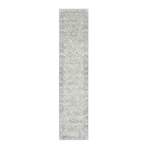 Storm Gray, Hand Knotted, Pure Silk, Oushak Design with Geometric Pattern, Runner, Oriental 