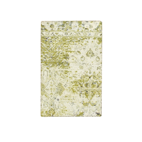 Olive Green, Oushak Design, Pure Silk, Hand Knotted, Sample, Mat, Oriental Rug