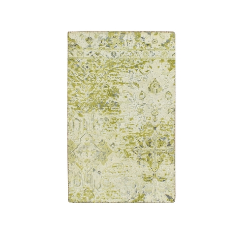 Olive Green, Oushak Design, Hand Knotted, Pure Silk, Sample, Mat, Oriental Rug