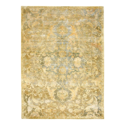Golden Yellow, Persian Polonaise Influence Design, Pure Silk, Distressed, Gold Wash, Hi and Low, Hand Knotted, Oriental 