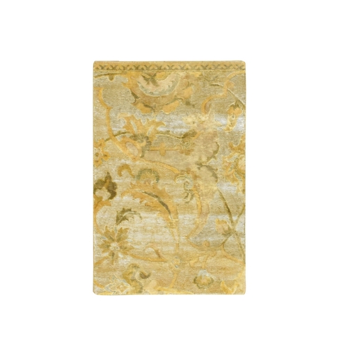 Golden Yellow, Persian Polonaise Influence Design, Pure Silk, Distressed, Gold Wash, Hi and Low, Hand Knotted, Sample, Mat, Oriental 
