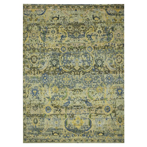 Shades of Green, Broken and Erased Persian Inspired with Birds Design, Distinct Abrash, Shaved Low, Hand Knotted, Pure Wool, XL, Oversized, Oriental 