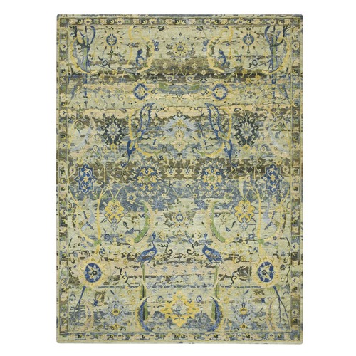 Shades of Green, Broken and Erased Persian Inspired with Birds Design, Distinct Abrash, Shaved Low, Hand Knotted, 100% Wool, Oriental 