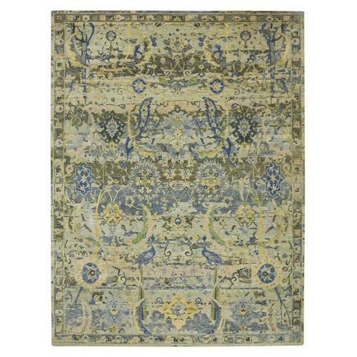 Shades of Green, Broken and Erased Persian Inspired with Birds Design, Distinct Abrash, Shaved Low, Hand Knotted, Pure Wool, Oriental 