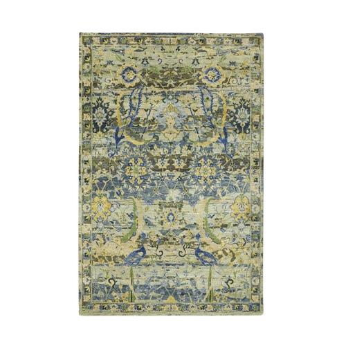 Shades of Green, Broken and Erased Persian Inspired with Birds Design, Distinct Abrash, Shaved Low, Hand Knotted, Pure Wool, Oriental 