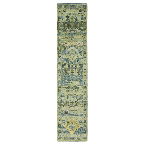 Shades of Green, Broken and Erased Persian Inspired with Birds Design, Distinct Abrash, Shaved Low, Pure Wool, Hand Knotted, Runner, Oriental 