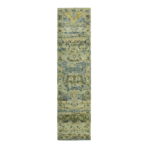 Shades of Green, Pure Wool, Broken and Erased Persian Inspired with Birds Design, Distinct Abrash, Shaved Low, Hand Knotted, Runner, Oriental 