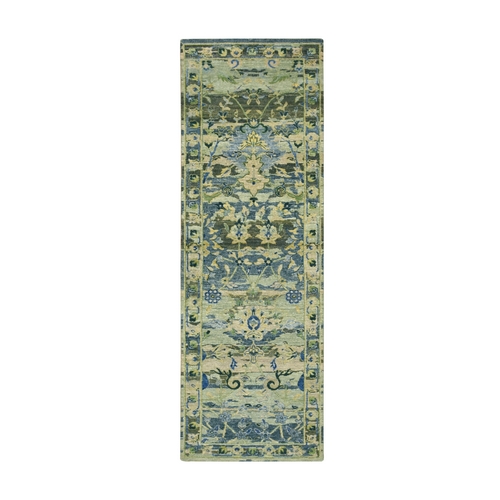 Shades of Green, Broken and Erased Persian Inspired with Birds Design, Distinct Abrash, Shaved Low, Hand Knotted, Pure Wool, Runner, Oriental 
