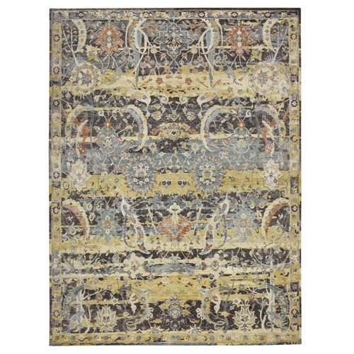 Coffee Brown, Broken and Erased Persian Inspired with Birds Design, Hand Knotted, Distinct Abrash, Shaved Low, Pure Wool, Oriental 