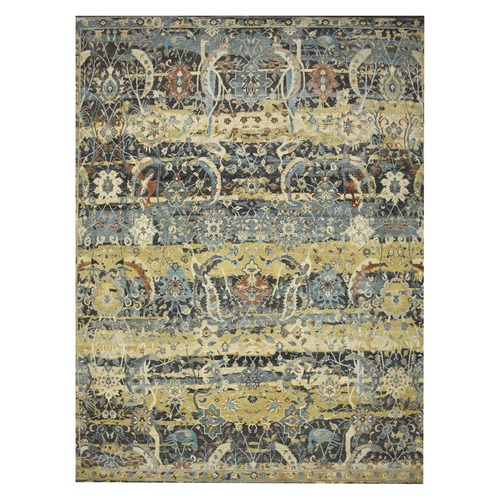Coffee Brown, Broken and Erased Persian Inspired with Birds Design, Hand Knotted, Distinct Abrash, Shaved Low, Pure Wool, Oriental 