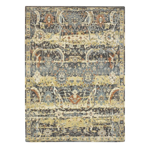 Coffee Brown, Shaved Low, Pure Wool, Broken and Erased Persian Inspired with Birds Design, Hand Knotted, Distinct Abrash, Oriental 