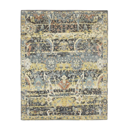 Coffee Brown, Broken and Erased Persian Inspired with Birds Design, Hand Knotted, Distinct Abrash, Shaved Low, Pure Wool, Oriental 