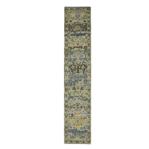 Shades of Green, Broken and Erased Persian Inspired with Birds Design, Distinct Abrash, Shaved Low, Hand Knotted, Pure Wool, Runner, Oriental 