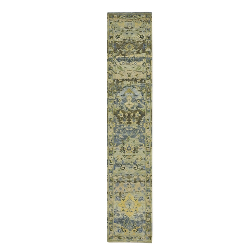 Shades of Green, Hand Knotted, Broken and Erased Persian Inspired with Birds Design, Distinct Abrash, Shaved Low, Pure Wool, Runner, Oriental 