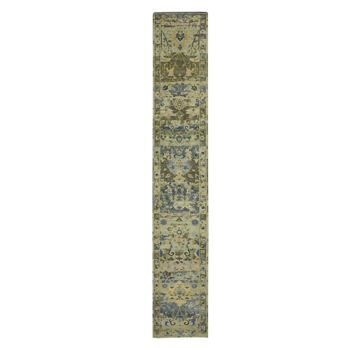 Shades of Green, Broken and Erased Persian Inspired with Birds Design, Distinct Abrash, Shaved Low, Hand Knotted, Pure Wool, XL Runner, Oriental 