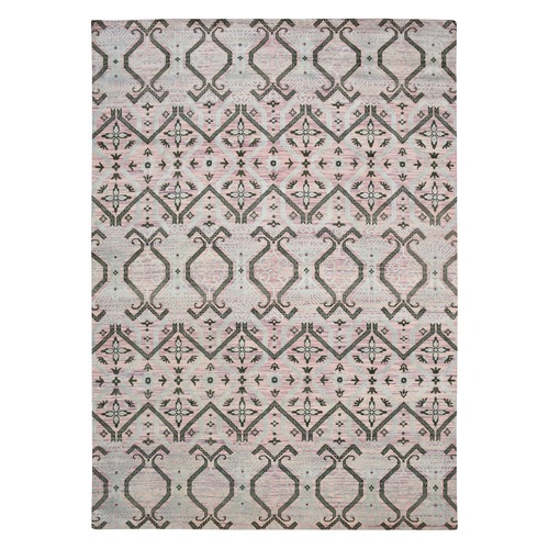 Rose Pink, Ikat Design with Geometric Pattern, Wool and Silk, Hand Knotted, Oriental 