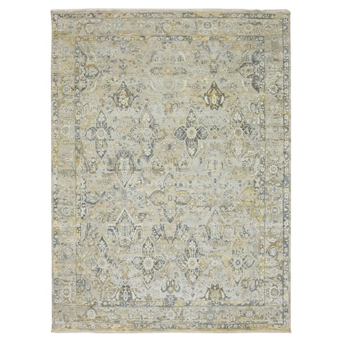 Khaki Brown, Tabriz Influence with Broken & Erased Geometric Flower All Over Design, Distinct Abrash, Wool and Silk, Hand Knotted, Sheared Low, Distressed, Oriental 