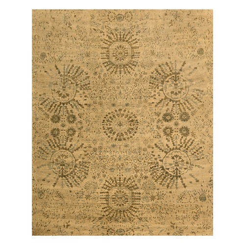 Earth Tone Colors, Arts and Crafts Design, Undyed Natural Wool, Zero Pile, Distressed, Shaved Low, Hand Knotted, Oriental 