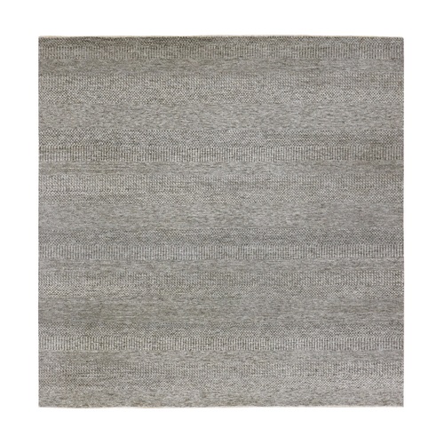 Glacier Gray, Bohemian Modern Grass Design, Tone on Tone, Hand Knotted, Pure Undyed Wool, Square Oriental Rug