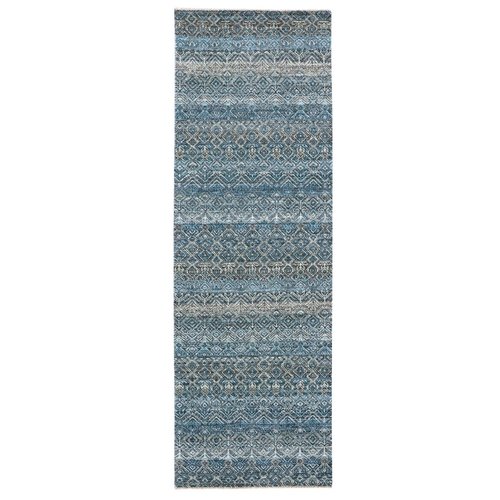 Azure Blue, Hand Knotted, Borderless Kohinoor Herat, All Over Small Geometric Repetitive Diamond Pattern, Shiny Soft Wool, Runner Oriental Rug