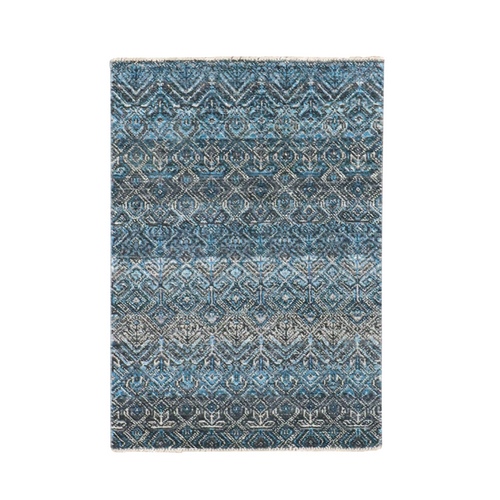 Vivid Sky Blue, Tone On Tone Hand Knotted, Organic Plush Wool, Kohinoor Herat Small Geometric Repetitive Diamond Pattern, Mat Oriental Rug 