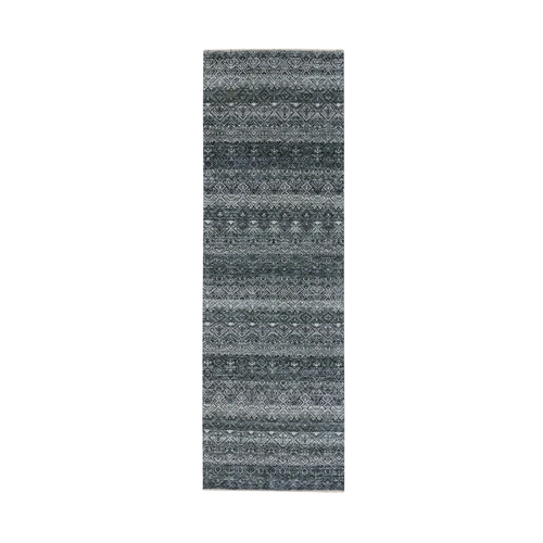 Onyx Gray, Hand Knotted, Soft Pile Extra Soft Wool, Small Geometric Repetitive Kohinoor Herat Pattern, Runner Oriental Rug